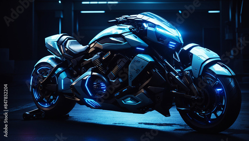 A futuristic blue and black motorcycle with glowing blue lights is sitting in a dark room.

