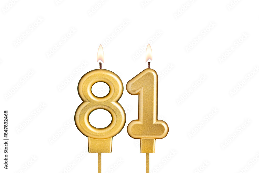 Golden number 81 birthday candle on white background Golden number 81 birthday candle on white background