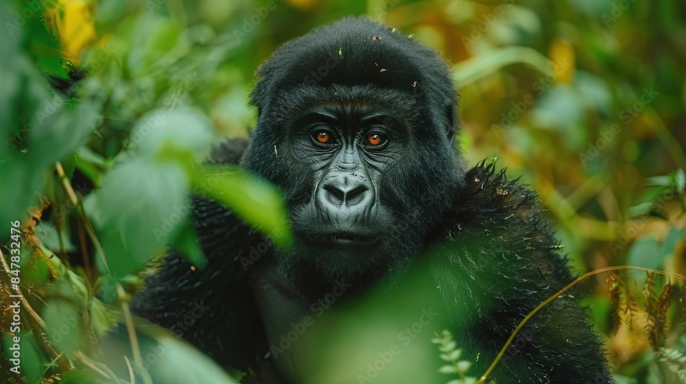 Obraz premium A black gorilla is standing in a jungle with green leaves