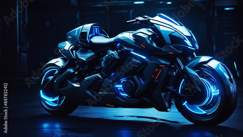 A futuristic blue and black motorcycle with glowing blue lights is sitting in a dark room.

