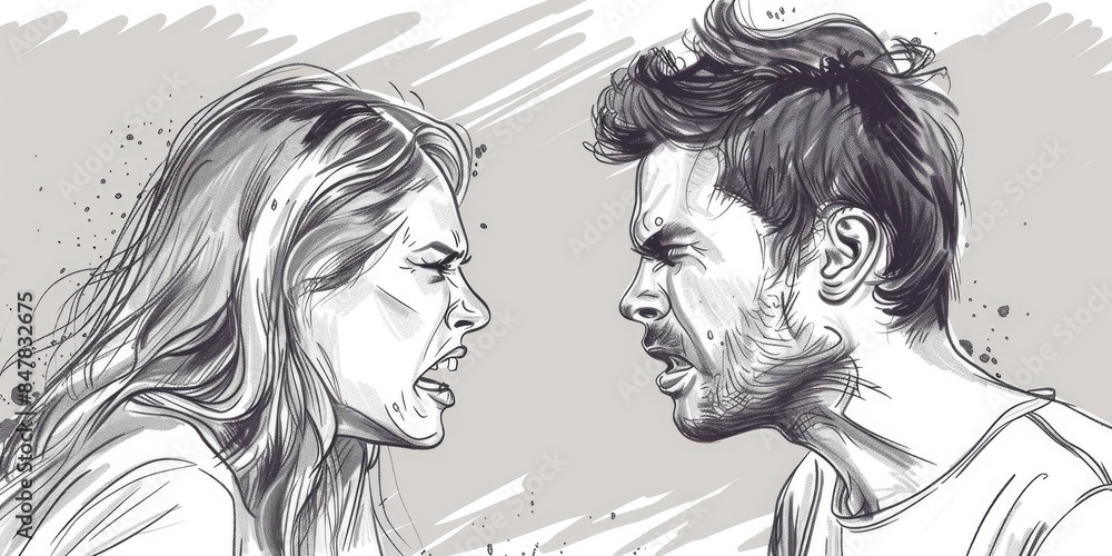 Illustrated Couple in Intense Conflict. Illustrated Couple in Intense Conflict.