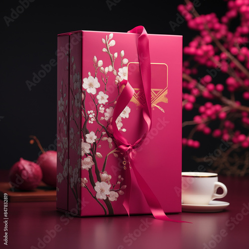 The Chinese New Year coffee gift box, appearance design, with girdle, design, modern and exquisite. Ideal for festive gifting, promotional materials, event invitations, and digital content. photo