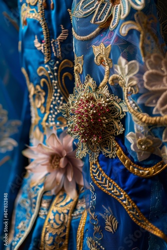 Close-up of an ornate blue fabric with intricate golden embroidery and floral decorations.