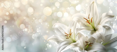 White lily flowers on a blurred background. Banner with space for your text.