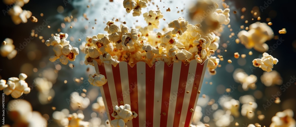 3D rendering of a popcorn bag exploding, kernels flying out, dynamic food scene 3D rendering of a popcorn bag exploding, kernels flying out, dynamic food scene