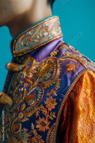 Close-up of an ornate traditional garment with intricate embroidery in vibrant colors, highlighting cultural craftsmanship.