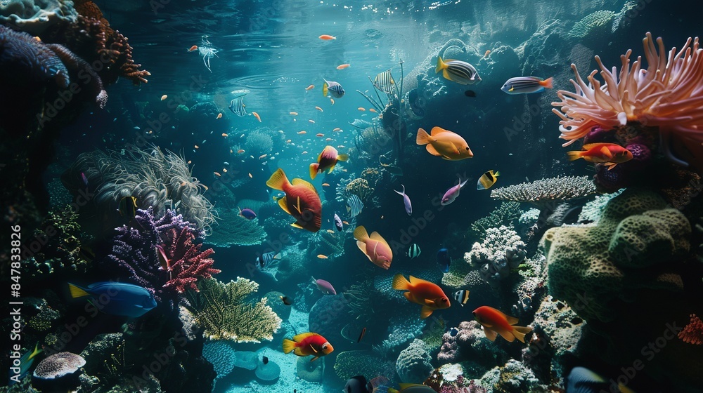 Naklejka premium Vibrant Underwater Coral Reef with Diverse Fish Species in Pristine Waters