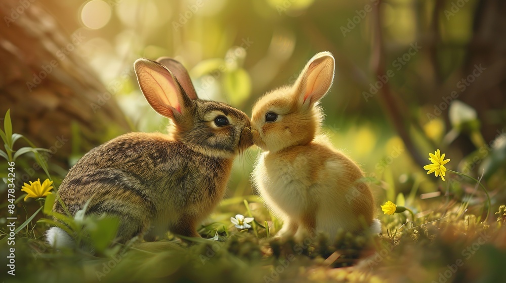 Bunny Rabbit and Chick Sharing a Sweet Kiss in a Spring Meadow Bunny Rabbit and Chick Sharing a Sweet Kiss in a Spring Meadow