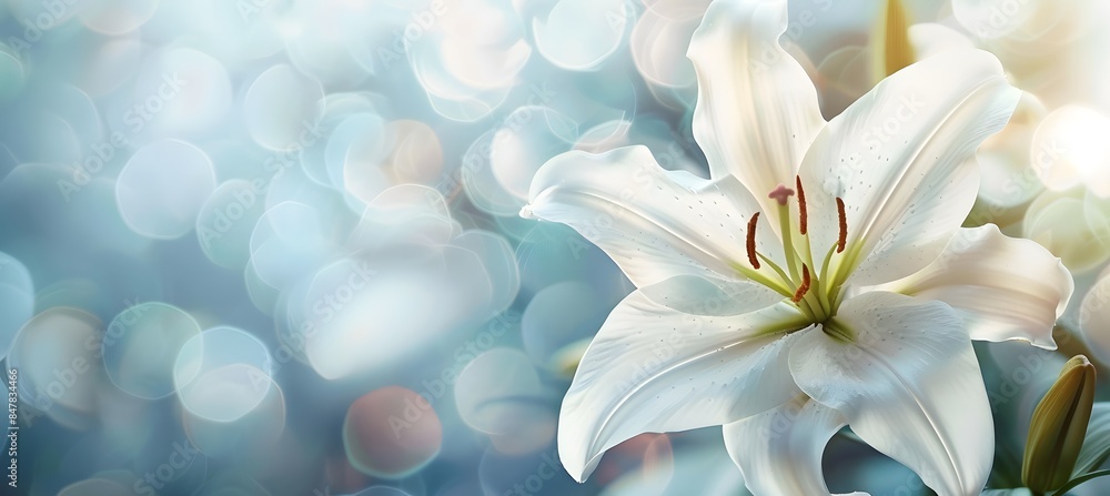 White lily flowers on a blurred background. Banner with space for your text. White lily flowers on a blurred background. Banner with space for your text.