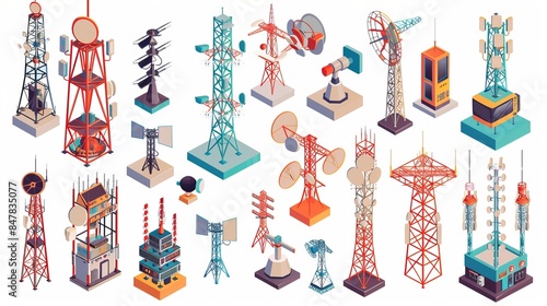 A 3D isometric flat vector set featuring various telecom towers and radio communication structures