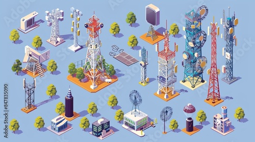 A 3D isometric flat vector set featuring various telecom towers and radio communication structures