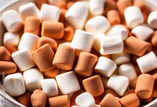 A bowl filled with white marshmallows and a mug of hot chocolate on a cozy winter background