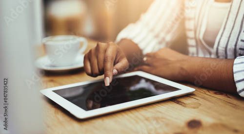 Quadro em tela Woman, tablet and typing in coffee shop for social media post, communication or online news and email