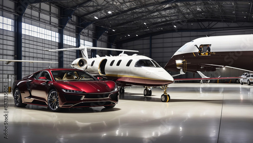 There is a private jet and a luxury car parked in a hangar.

