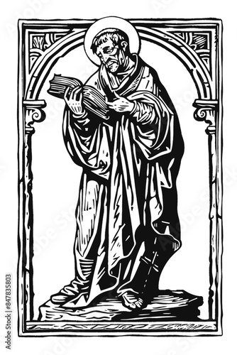 Woodcut illustration of a medieval monk. Vintage grunge vector design element for artworks, poster, cards, web and collages.