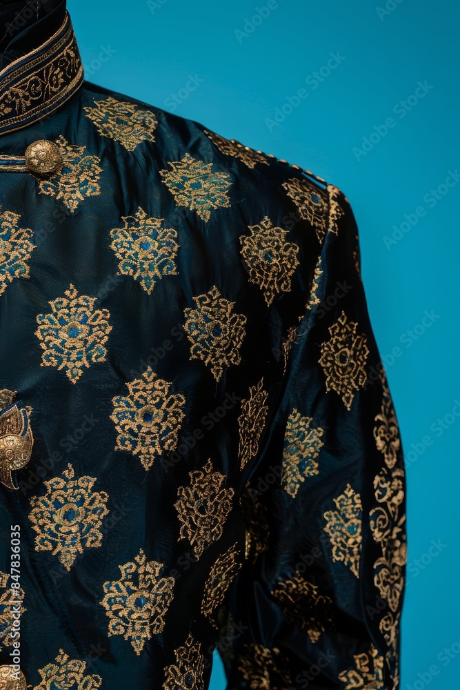 Close-up of a luxurious black and gold traditional embroidered garment on a blue background. Close-up of a luxurious black and gold traditional embroidered garment on a blue background.