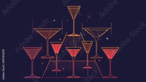 A postcard design featuring a pyramid of cocktail glasses filled with sparkling wine, presented in line art vector illustration for web and print party invitations