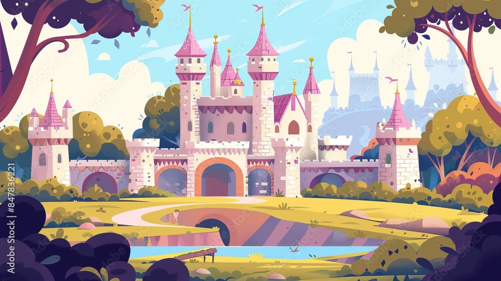 A set of fantasy landscape elements featuring a medieval castle with a moat, fortified walls, towers, bridges, and a palace in a park A set of fantasy landscape elements featuring a medieval castle with a moat, fortified walls, towers, bridges, and a palace in a park