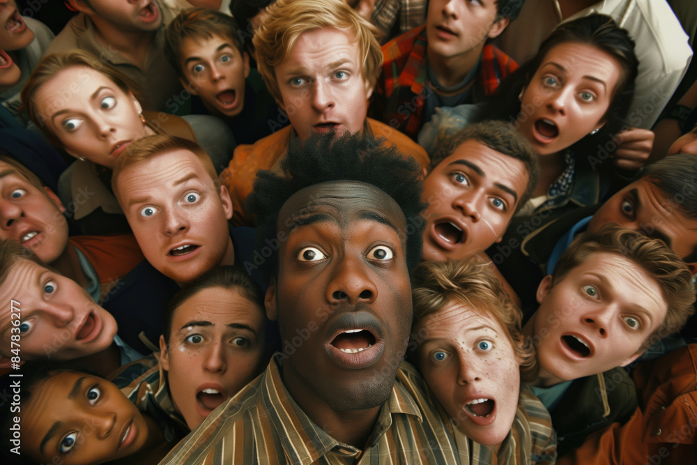Top view, African American man screaming surrounded by white people. Concept of tolerance, unity, love and anti racism concept. Top view, African American man screaming surrounded by white people. Concept of tolerance, unity, love and anti racism concept.
