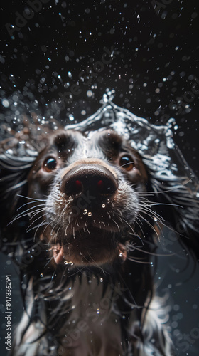Funny wet dog on a black background after bathing. Drops of water fly in all directions. Vertical Banner