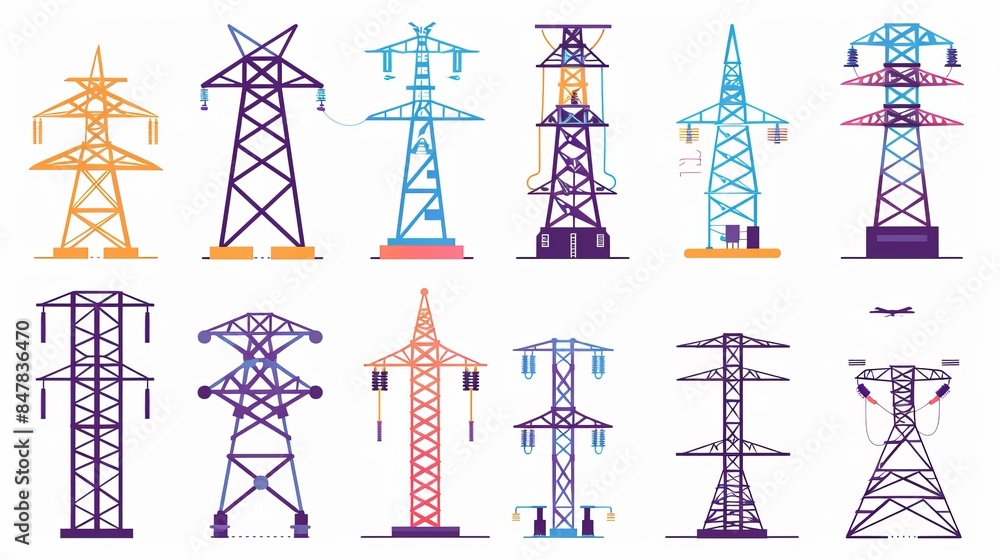 A set of vector icons representing electricity towers, including symbols for transmission towers, power lines, and electrical lines A set of vector icons representing electricity towers, including symbols for transmission towers, power lines, and electrical lines