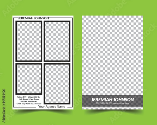 Vector modeling comp card. Its size is 5.5/8.5. It is a modern, sleek, and elegant design	