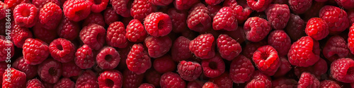 Background from fresh raspberry berries, close up. Lot of red ripe juicy raw raspberry berries lying on the table. Top view
