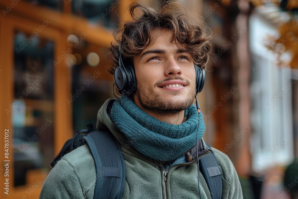 Smiling young man with curly hair enjoys music on headphones, smartphone in hand, against city backdrop Smiling young man with curly hair enjoys music on headphones, smartphone in hand, against city backdrop