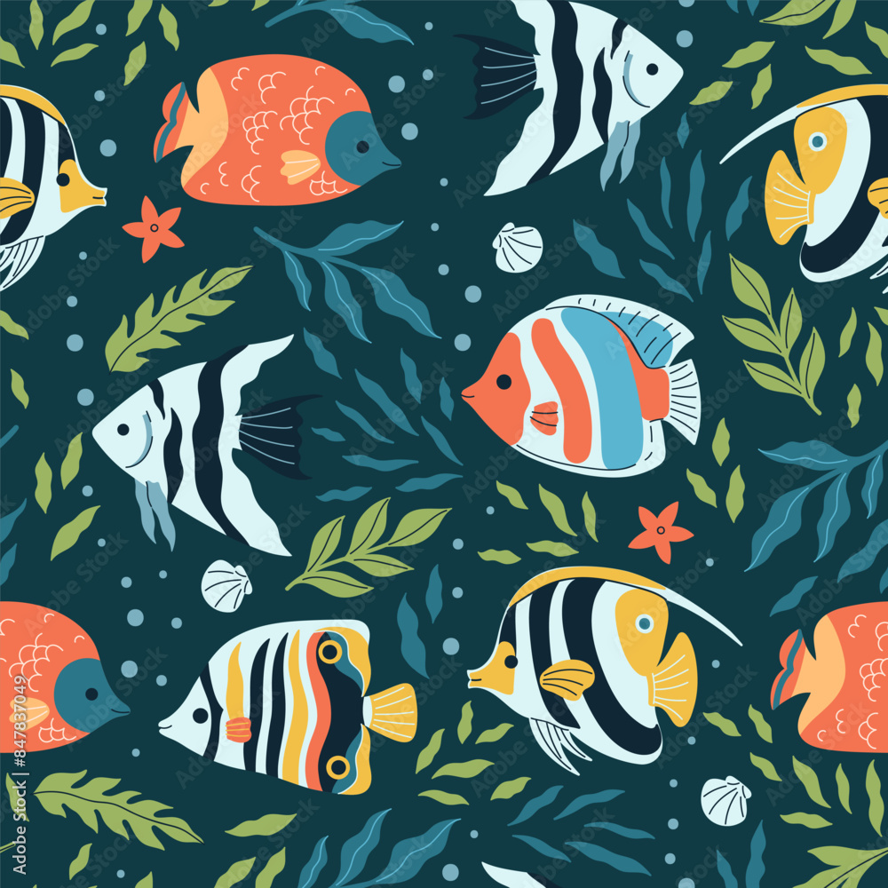 Seamless pattern with tropical fish and algae. Vector graphics Seamless pattern with tropical fish and algae. Vector graphics