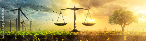 A visual metaphor of scales balancing renewable energy sources against carbon emissions