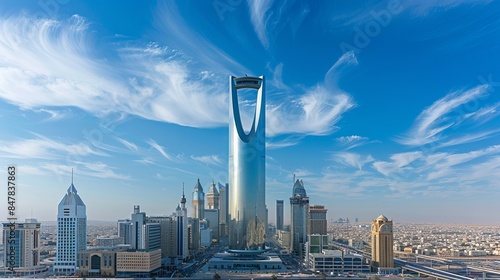 Daytime landscapes of the Kingdom of Saudi Arabia, highlighting the Riyadh Tower (Kingdom Tower) and the Riyadh skyline during the day