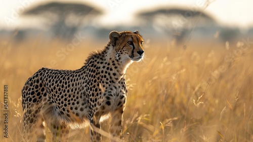 A cheetah is standing in tall grass in the wild