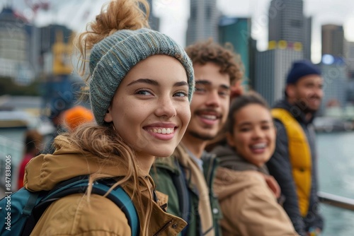 Carefree young woman with a group smiling in the foreground, reflecting youthfulness and friendship