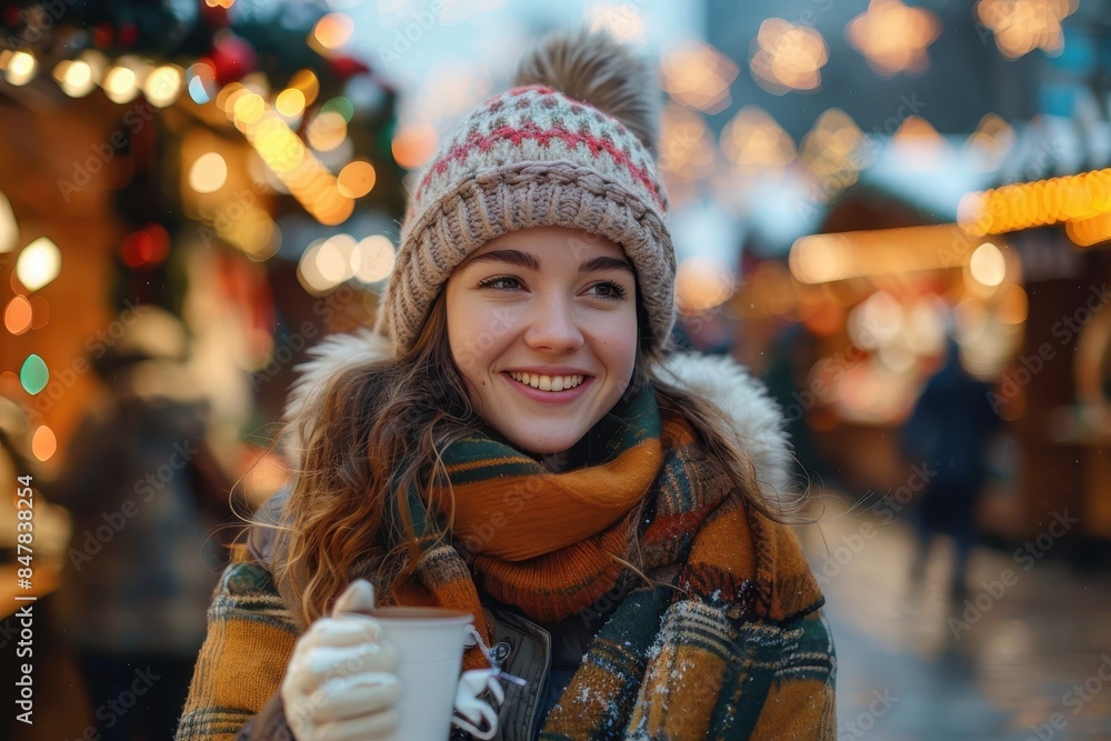 A cheerful young woman holding a coffee cup in a winter market setting with holiday lights A cheerful young woman holding a coffee cup in a winter market setting with holiday lights