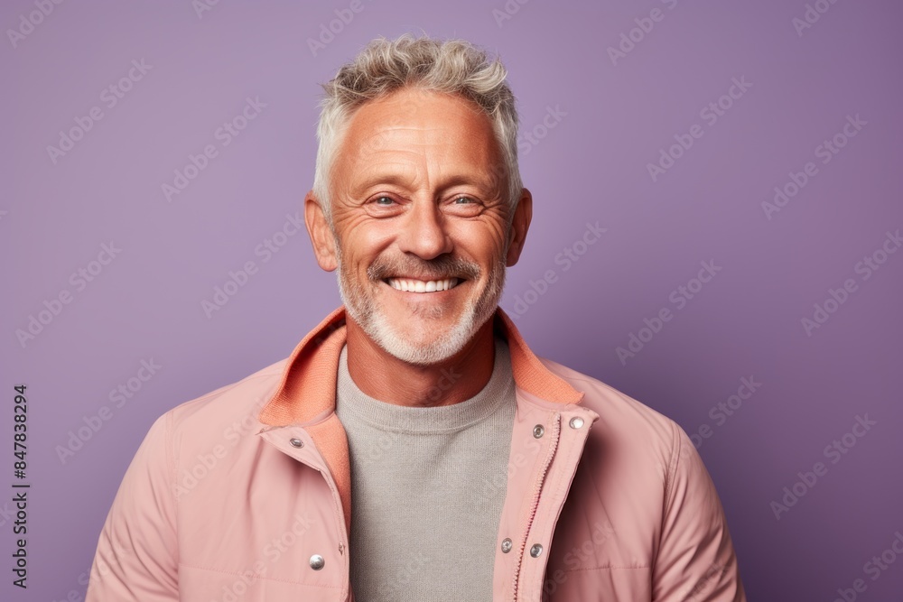 Portrait of a happy man in his 50s dressed in a water-resistant gilet isolated on pastel or soft colors background Portrait of a happy man in his 50s dressed in a water-resistant gilet isolated on pastel or soft colors background