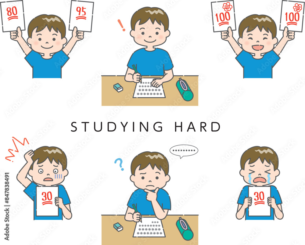 勉強する小学生男子のイラストセット 4C