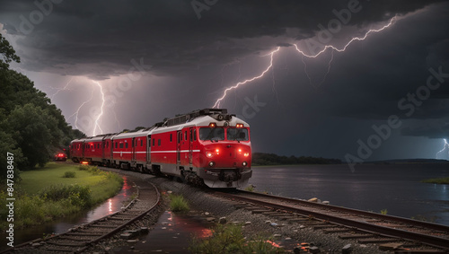 A red and white train is traveling along a track next to a body of water during a lightning storm.

