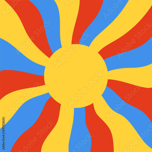 Summer poster in retro style. Multicolored wavy pattern. Abstract illustration of sun rays. Psychedelic bright vector for summer festival