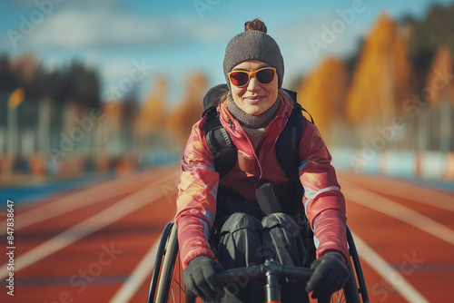 Portrait of active young woman in wheelchair looking at camera in outdoors sports court photo