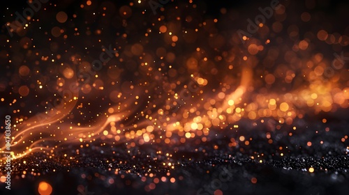 Particles of fire on a dark background. Background sparkles of fire. Lights with abstract dark glitter and fire particles.
