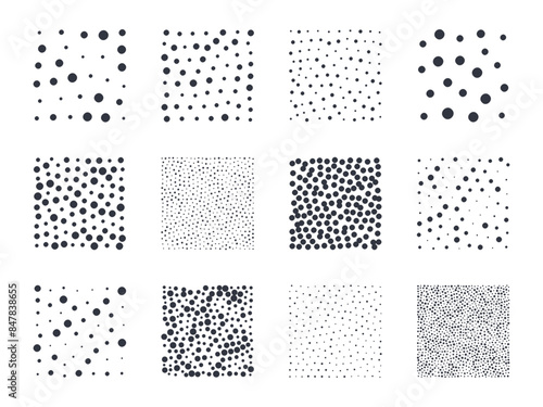 Vector halftone abstract polka dot. Black random dots. Spotted sphere texture pattern. Square highlight for social media. Stock illustration on a white background
