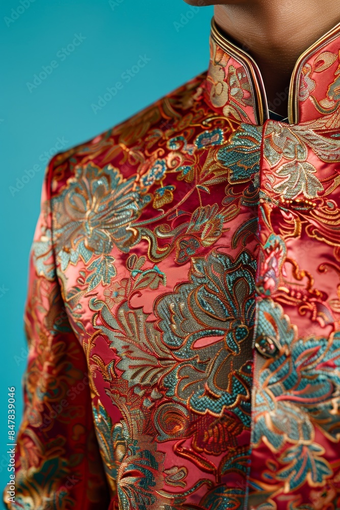 Close-up of a person wearing a vibrant, intricately patterned traditional garment with floral designs and vibrant colors, set against a blue background. Close-up of a person wearing a vibrant, intricately patterned traditional garment with floral designs and vibrant colors, set against a blue background.