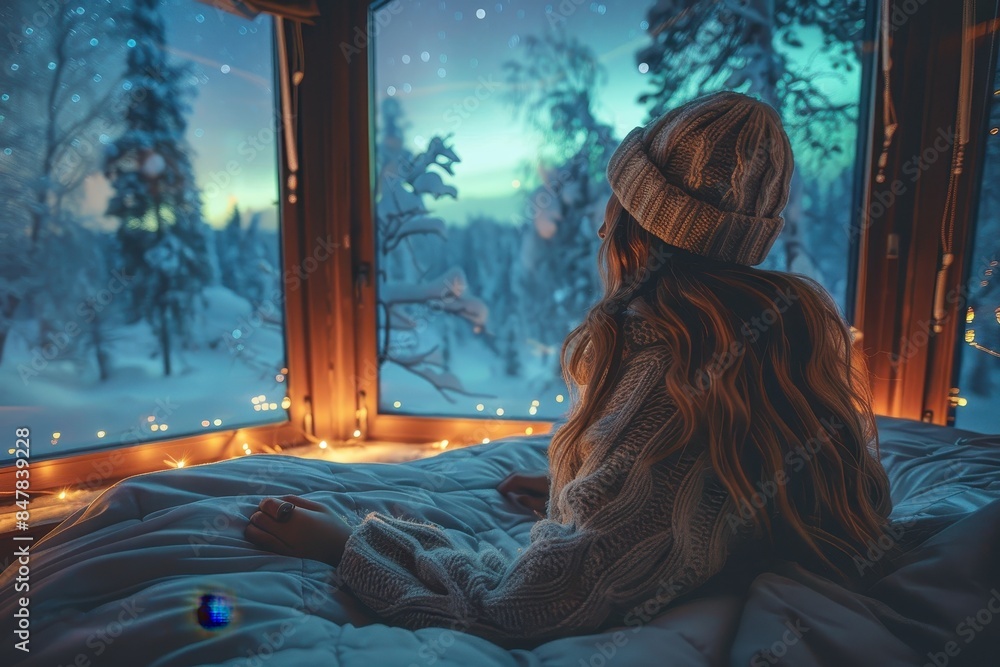 In cozy winter attire, a female leans against a window ledge, enjoying the night sky and snowy scenery In cozy winter attire, a female leans against a window ledge, enjoying the night sky and snowy scenery
