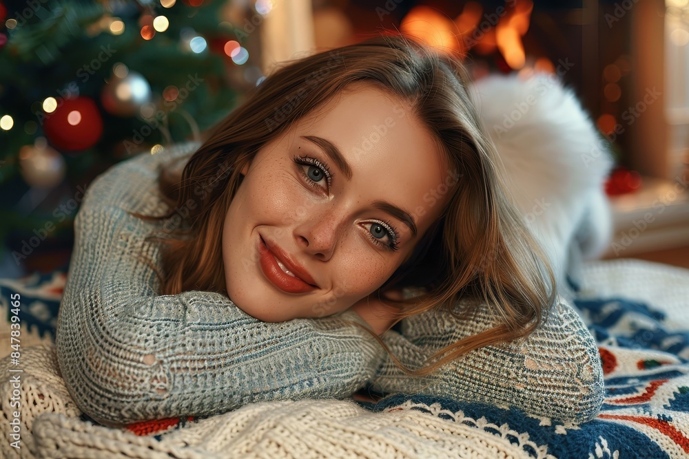 Radiant woman in a knitted sweater resting her head on her hand by the warm glow of a fireplace and Christmas tree Radiant woman in a knitted sweater resting her head on her hand by the warm glow of a fireplace and Christmas tree
