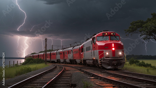 A red and white train is traveling along a track next to a body of water during a lightning storm.

