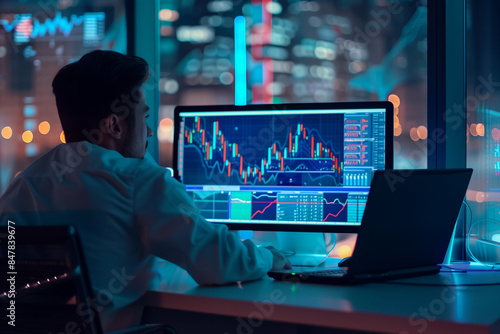 business man in the office at night, sitting behind his desk looking at big screen with market charts, laptop beside him, overtime, unsharp citylight in the background, photorealistic // ai-generated  photo
