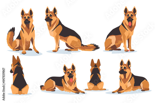 Cartoon dog. Active pet animal, cute puppy and dogs in different poses, running, jumping and sleeping character vector illustration set