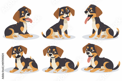 Cartoon dog. Active pet animal, cute puppy and dogs in different poses, running, jumping and sleeping character vector illustration set