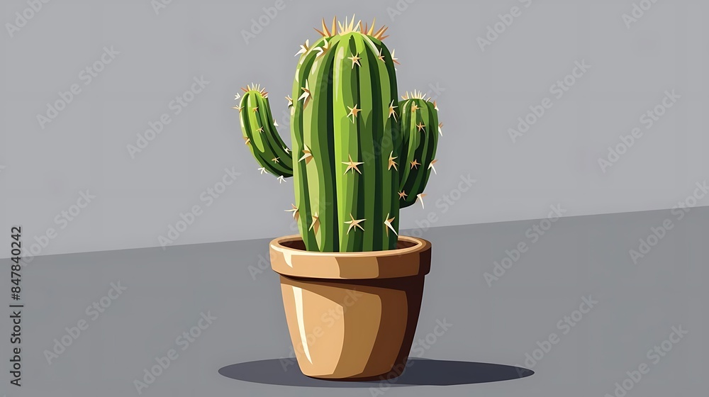 a cactus plant in a brown pot sits on a gray table against a white and gray wall, casting a dark shadow a cactus plant in a brown pot sits on a gray table against a white and gray wall, casting a dark shadow