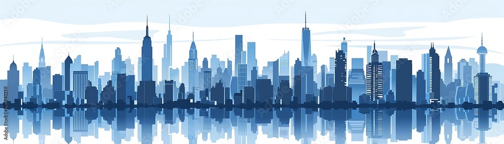 a towering cityscape reflected in calm blue waters under a clear blue sky